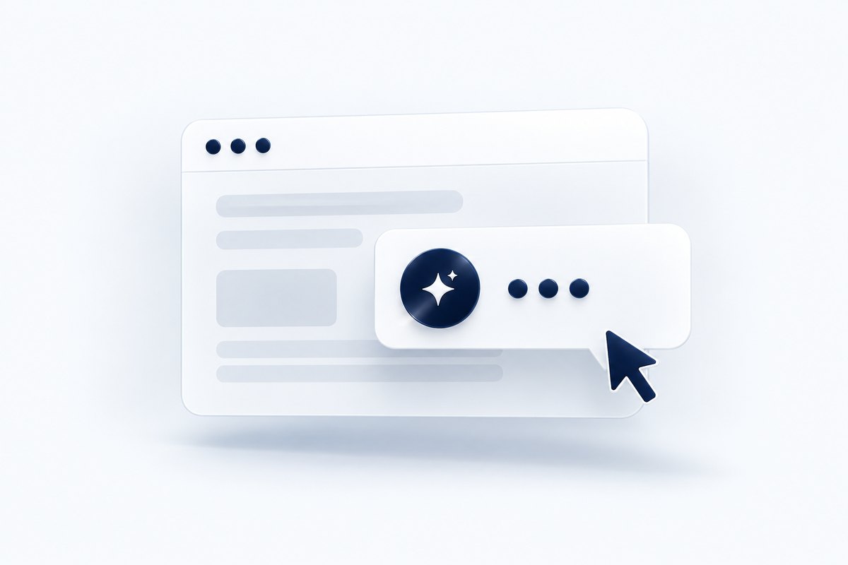 A frosted browser window with a chat bubble and cursor