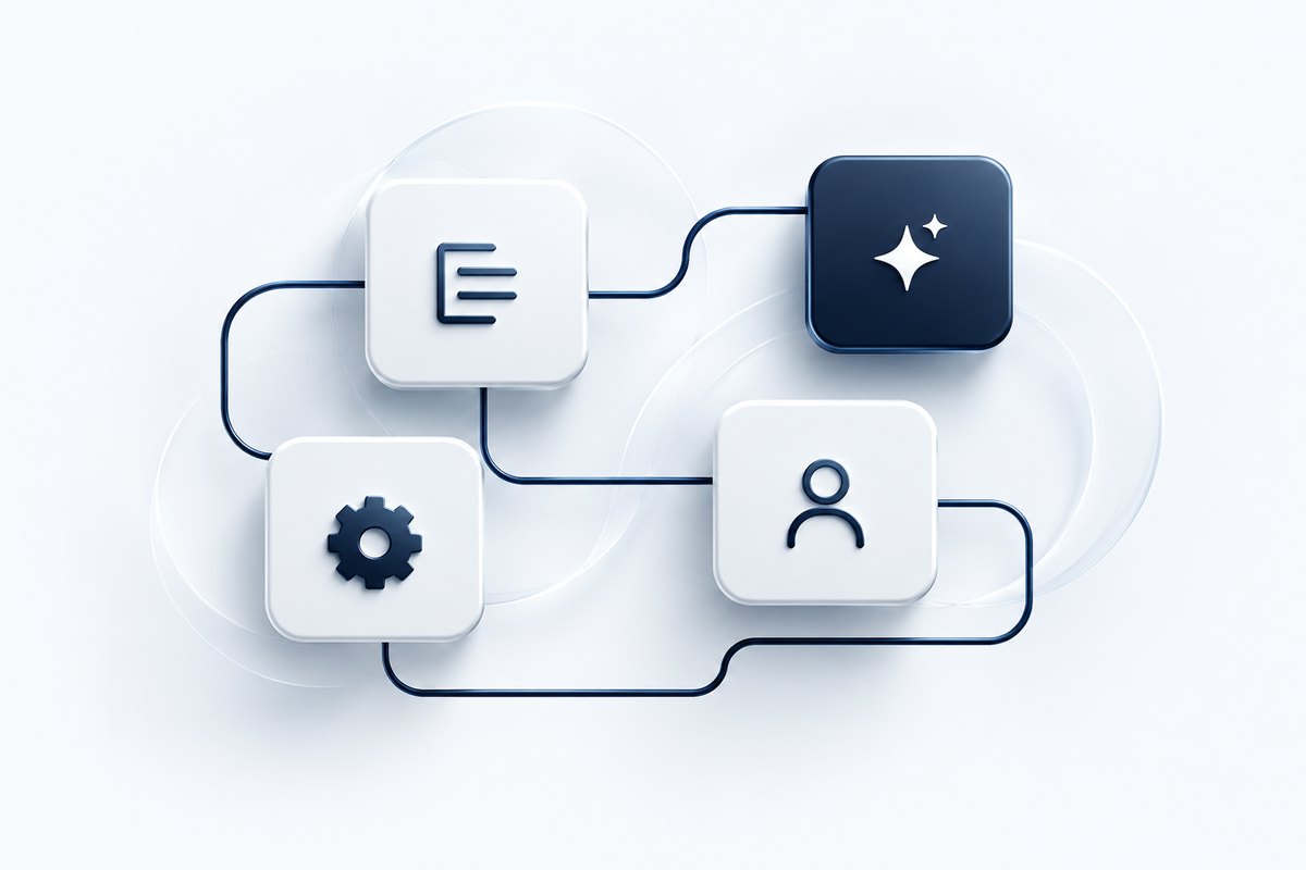 Four connected tiles: document, sparkle, gear and person