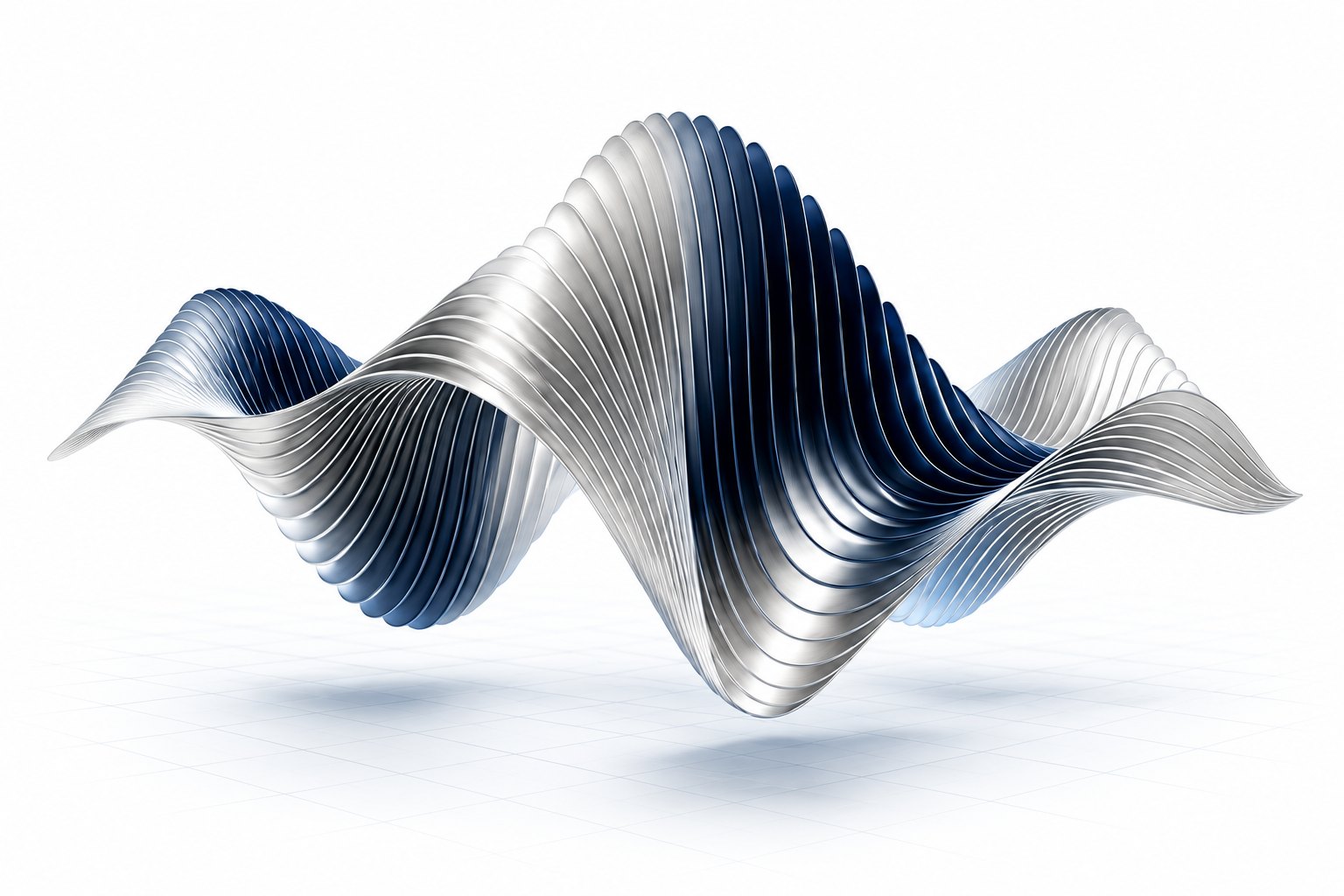 A brushed silver and navy finned waveform sculpture